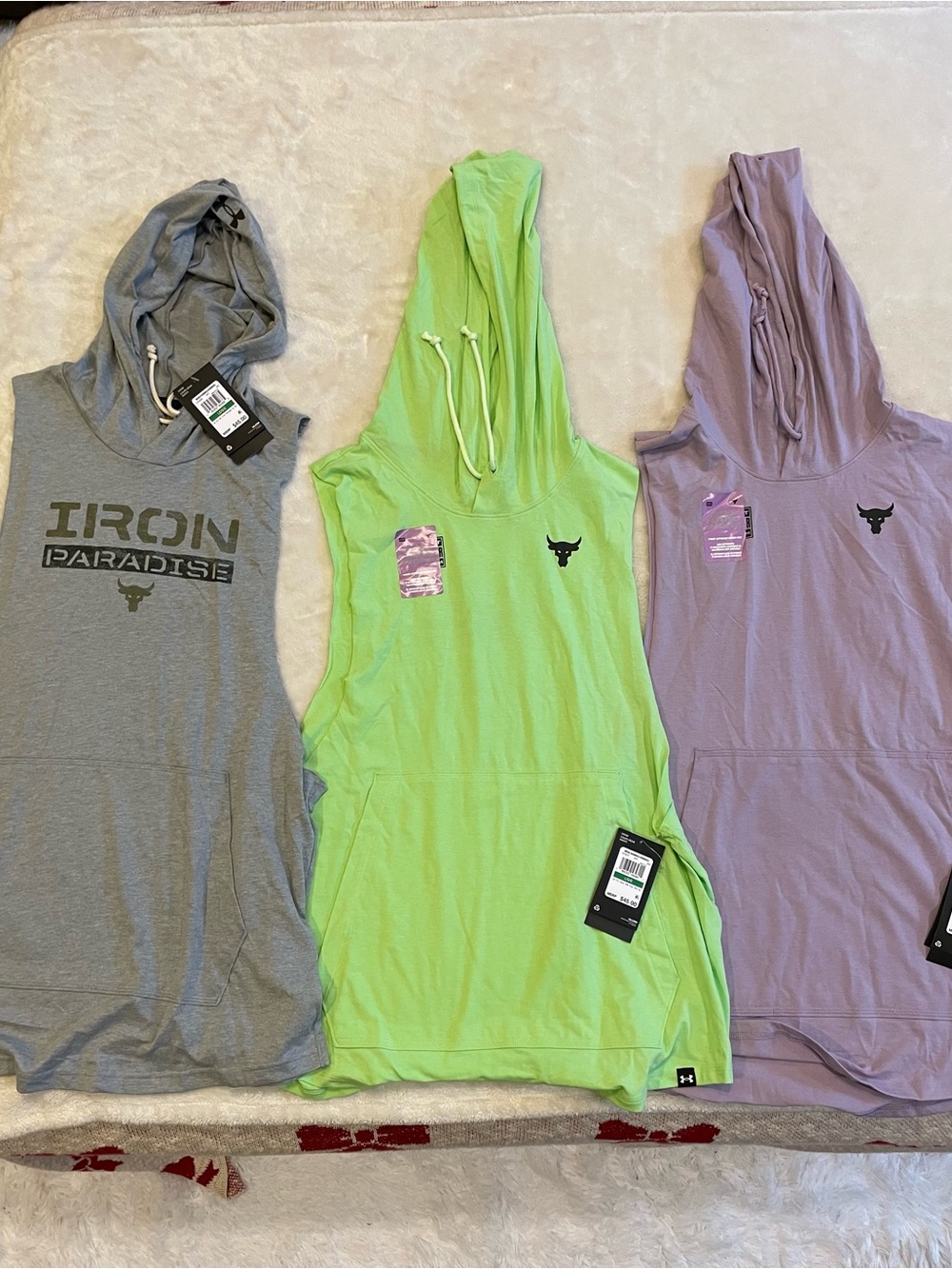 Under Armour Project Rock Sleeveless Hoodie Hardest Worker & Iron Paradise Large
